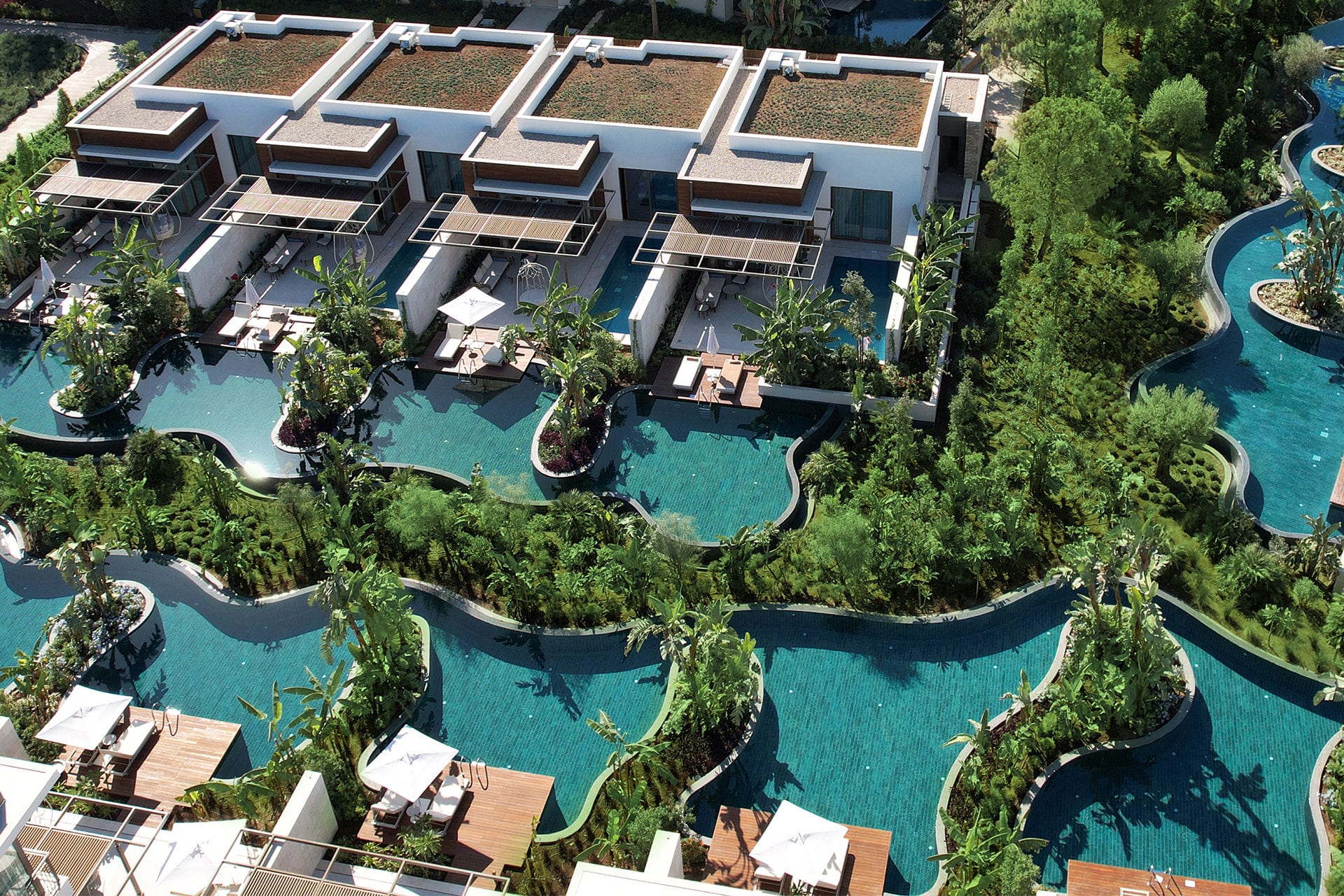 Lara Barut aerial view of Bayou Villas with pools and gardens