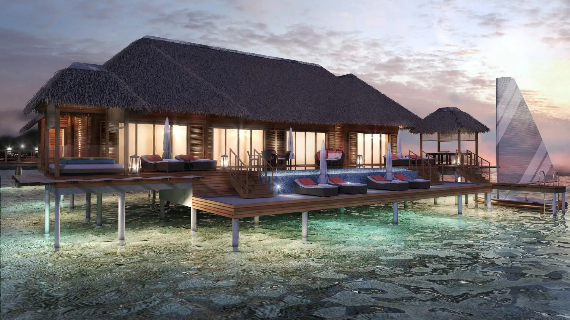 Luxury overwater bungalows at Kempinski's Cayo Guillermo Resort with thatched roofs and turquoise waters