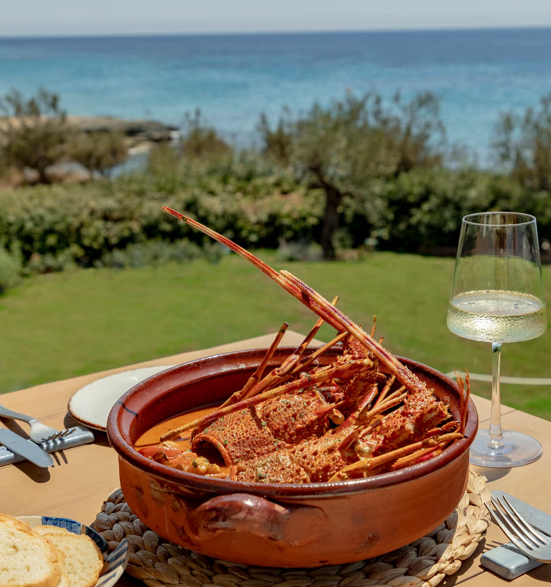 Traditional Mediterranean paella with wine overlooking the sea and olive groves