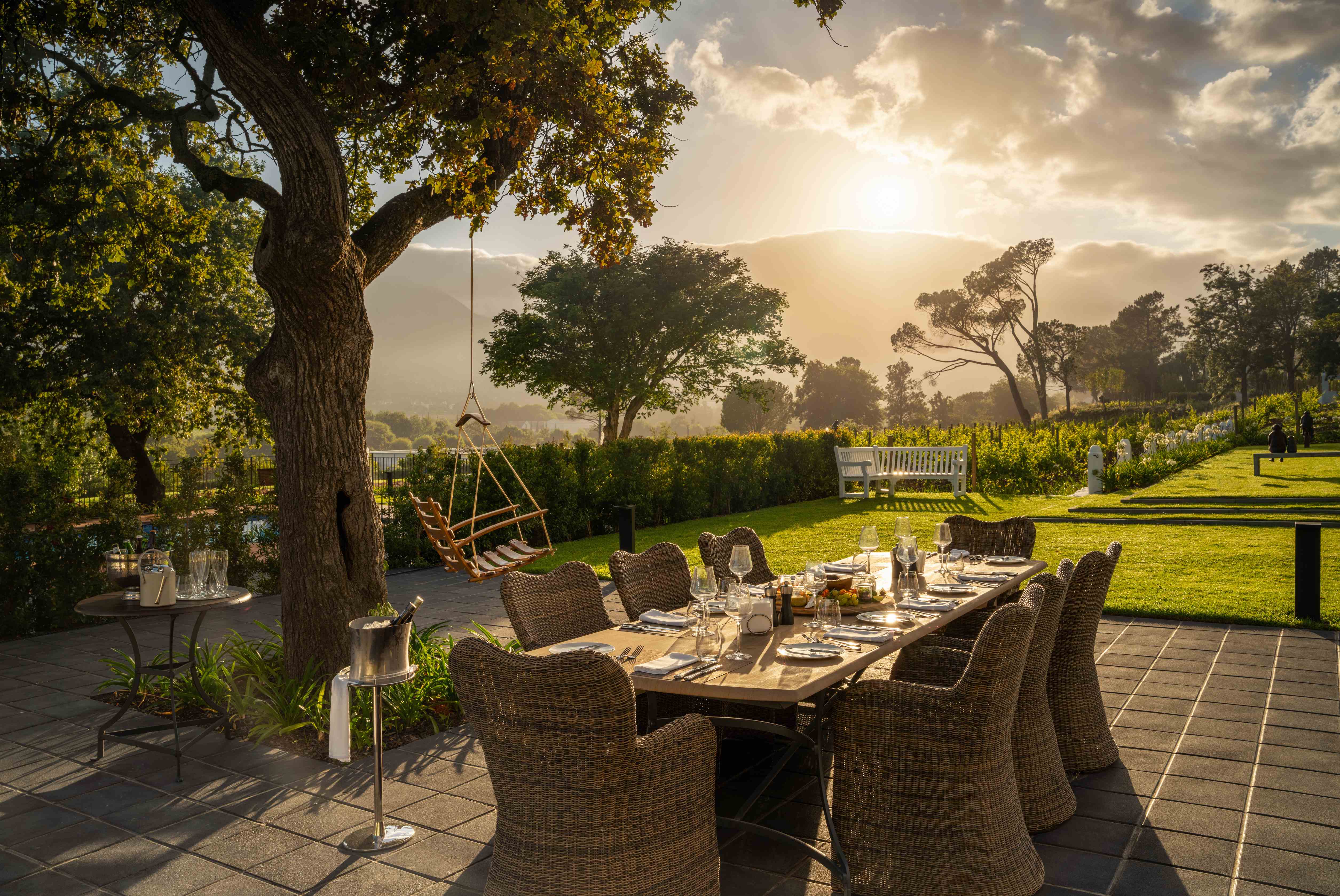 Leeu Estates elegant outdoor dining with vineyard views